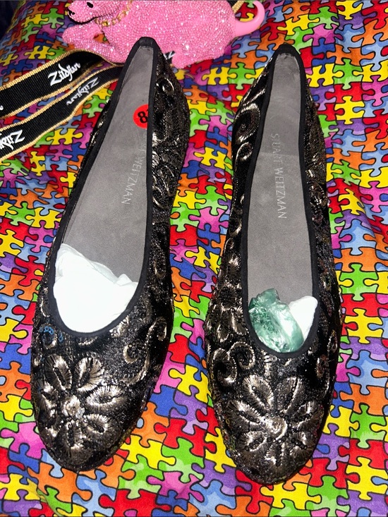 Stuart Weitzman Shoes - Stuart Weitzman Black and Silver Embroidered Flats VGC